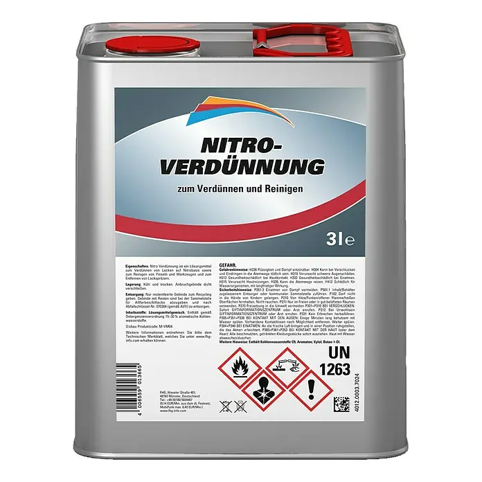 Universal-Nitroverdünnung - 3 l - Etikett einer Nitro-Verdünnungsdose, einem Lösungsmittel zum Verdünnen und Reinigen mit Gefahrenhinweisen und Sicherheitshinweisen.