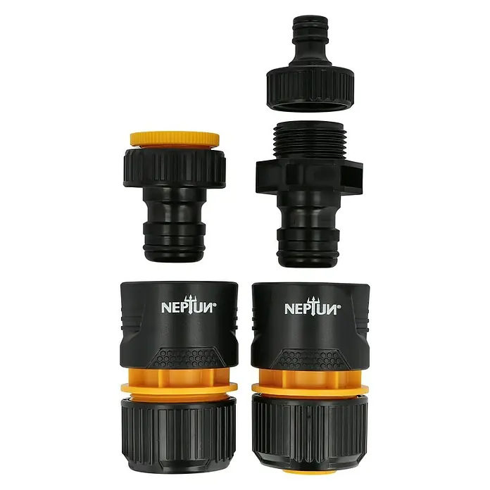 Neptun Schlauchkupplungs-Set - 5 -tlg. - Neptun Gartenschlauchverbinder-Set, bestehend aus vier schwarzen und gelben Adaptern für eine sichere und einfache Schlauchverbindung im Garten.
