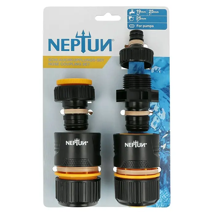 Neptun Schlauchkupplungs-Set - 5 -tlg. - Eine Verpackung mit einem Neptun Schlauchkupplungs-Set, bestehend aus mehreren Teilen und Adaptern für Gartenschläuche.
