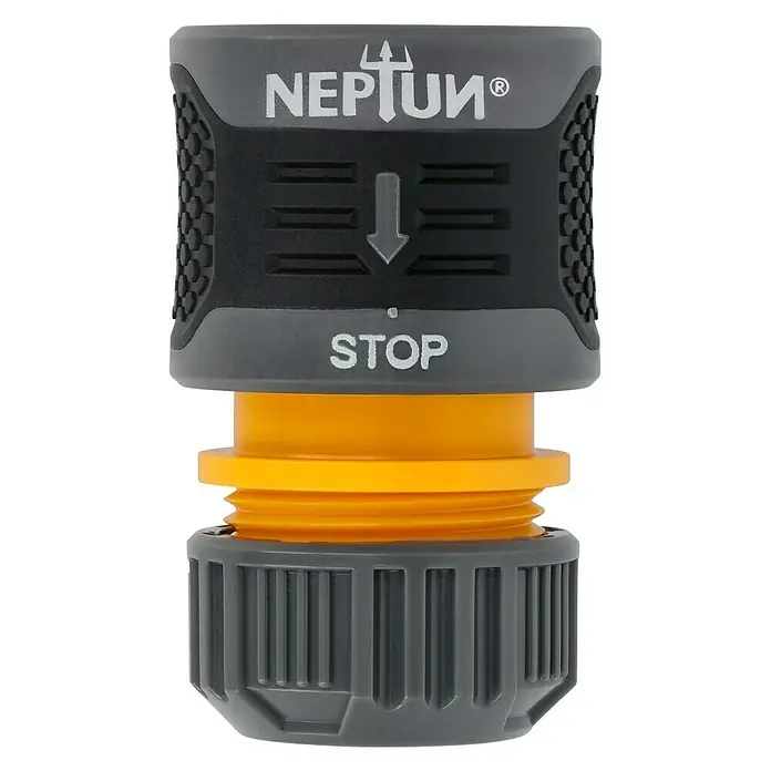Neptun Schlauchkupplung - ½″, Mit Wasserstopp - Nahaufnahme eines Neptun-Schlauchverbinder-Produkts, das eine "Stop"-Funktion zeigt und sich ideal für die Gartenarbeit eignet.