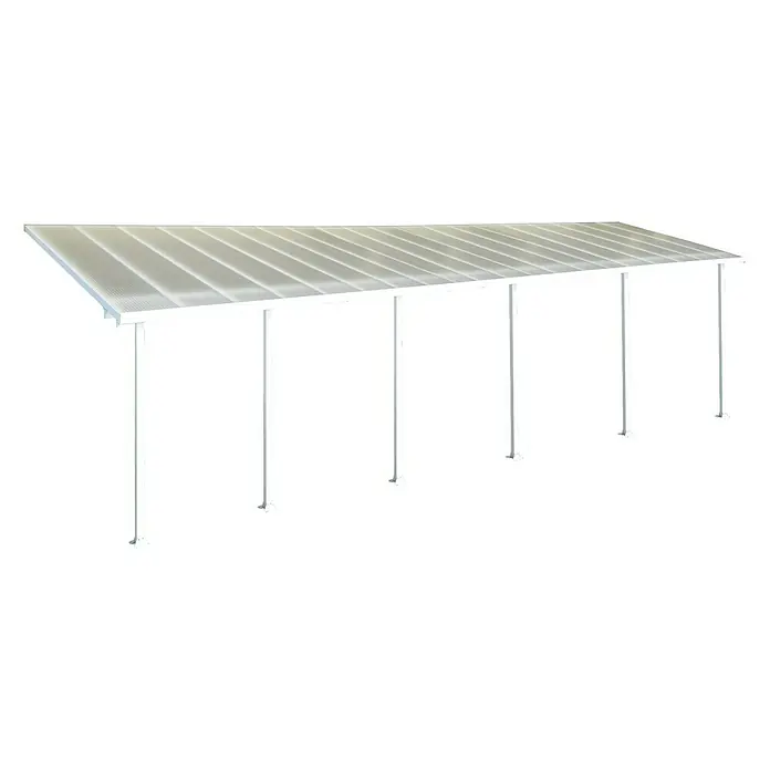 Solid Elements Terrassenüberdachung Martina - B x T: 1.220 x 300 cm, Verkehrsweiß, Polycarbonat, Transparent - Aufnahme eines weißen Carports mit durchscheinendem Dach und stabilen Stützpfosten vor einem schwarzen Hintergrund.