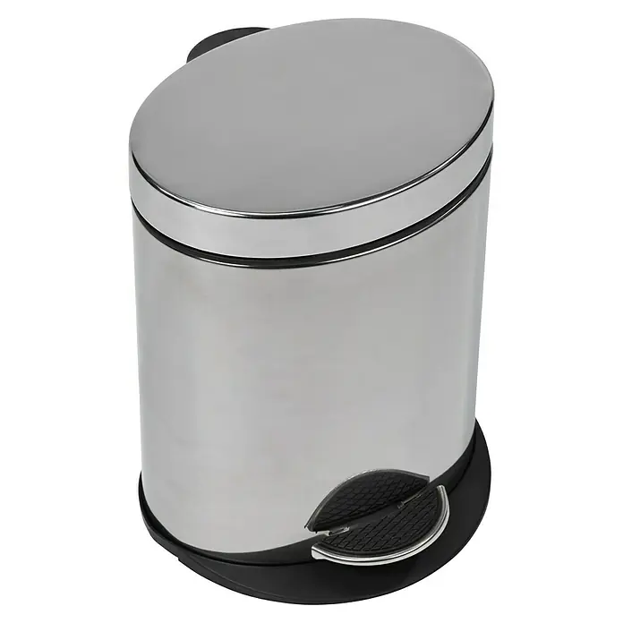 Venus Treteimer Aiko - 3 l, Metall, Silber - Hier ist ein silberner Treteimer mit schwarzem Fußpedal und schwarzem Sockel. Der Mülleimer ist sauber und glänzend.
