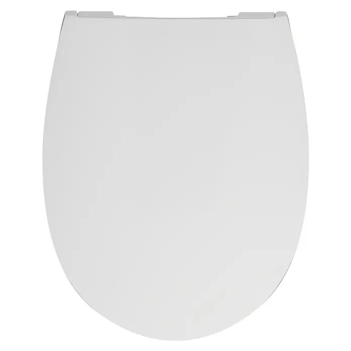 Poseidon WC-Sitz Lissabon - Duroplast, Weiß, Mit Absenkautomatik - Nahaufnahme eines Toilettensitzes mit modernem Design. Der Sitz ist weiß und hat eine leicht ovale Form mit abgerundeten Kanten.