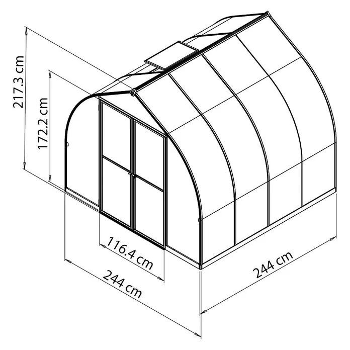 Palram – Canopia Gewächshaus Bella - Außenmaß inkl. Dachüberstand (B x T): 244 x 244 cm, 6 mm, Silber - Darstellung eines Gewächshauses mit Maßangaben für Höhe, Breite und Länge. Ideal für Gartenliebhaber zur Pflanzenanzucht.