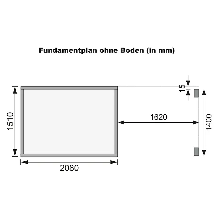 Karibu Gartenhaus Merseburg 3 - Außenmaß inkl. Dachüberstand (B x T): 390 x 175 cm, Holz, Natur, Mit Seitendach - Fundamentplan ohne Boden mit den Maßen 2080 x 1510 mm, Wandstärke 15 mm und Wandhöhe 1400 mm zur Visualisierung von Bauprojekten.