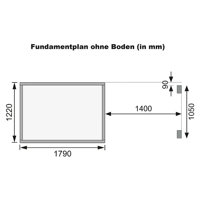 Karibu Gartenhaus Merseburg 2 - Außenmaß inkl. Dachüberstand (B x T): 329 x 142 cm, Holz, Natur, Mit Seitendach - Fundamentplan ohne Boden mit Abmessungen in mm. Der Plan zeigt die rechteckige Form des Fundaments mit den Maßen 1790 x 1220 mm.