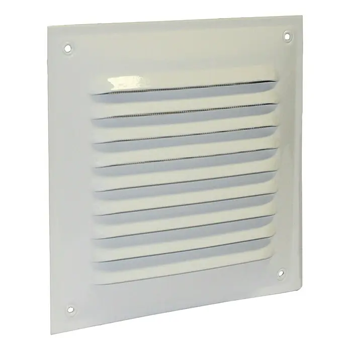 Air-Circle Außengitter - Durchmesser Anschlussstutzen: 150 mm, Aluminium, Weiß - Weißes quadratisches Lüftungsgitter mit horizontalen Lamellen und vier Befestigungslöchern für die Wandmontage.