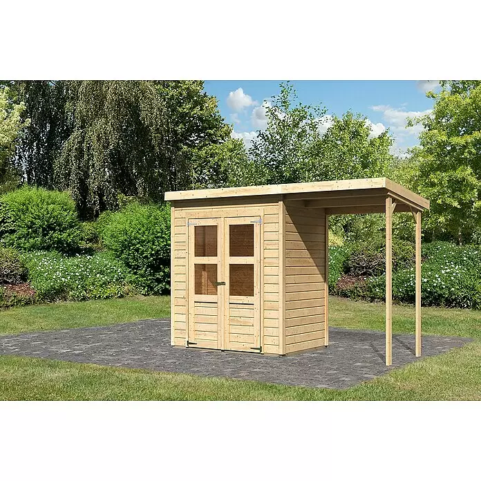 Karibu Gartenhaus Merseburg 2 - Außenmaß inkl. Dachüberstand (B x T): 329 x 142 cm, Holz, Natur, Mit Seitendach - Gartenhaus aus Naturholz mit Anbaudach, auf einer Terrasse.