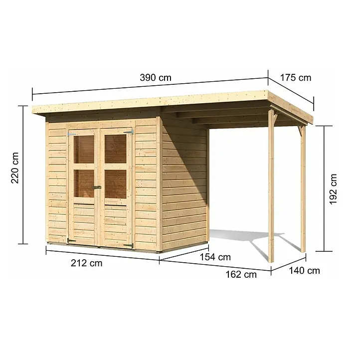 Karibu Gartenhaus Merseburg 3 - Außenmaß inkl. Dachüberstand (B x T): 390 x 175 cm, Holz, Natur, Mit Seitendach - Abbildung eines Holzschuppens mit Vordach und Maßangaben für seine Abmessungen, inklusive Höhe, Breite und Tiefe.