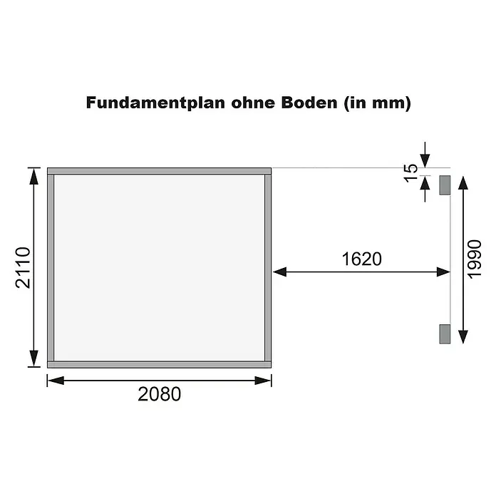 Karibu Gartenhaus Express - Außenmaß inkl. Dachüberstand (B x T): 390 x 236 cm, Holz, Naturbelassen, Mit Anbau - Fundamentplan ohne Boden mit Maßen. Darstellung der Fundamentabmessungen: 2110 mm Höhe, 2080 mm Breite, 1620 mm Tiefe und 1990 mm Gesamttiefe.