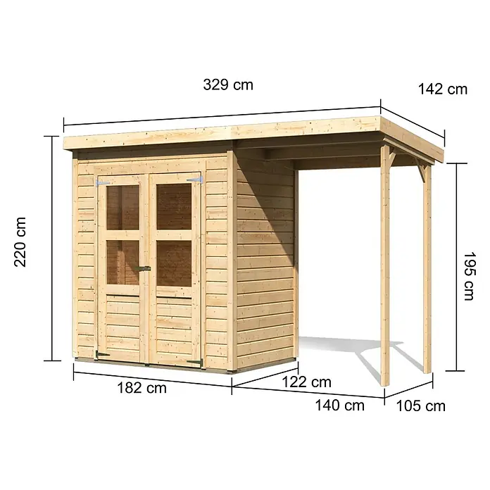 Karibu Gartenhaus Merseburg 2 - Außenmaß inkl. Dachüberstand (B x T): 329 x 142 cm, Holz, Natur, Mit Seitendach - Illustration eines Holzschuppens mit Abmessungen zur Größenansicht.