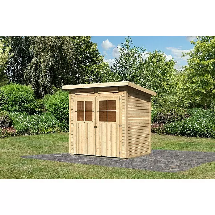 Karibu Gartenhaus Glücksburg - Außenmaß inkl. Dachüberstand (B x T): 242 x 175 cm, Holz, Natur, Grundfläche: 3,02 m² - Gartenhaus aus Naturholz mit Doppeltür und Fenstern, auf dunklen Pflastersteinen in einem grünen Garten.