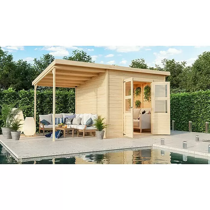 Karibu Gartenhaus Merseburg 6 - Außenmaß inkl. Dachüberstand (B x T): 415 x 265 cm, Holz, Natur, Mit Seitendach - Gartenhaus aus hellem Holz mit angebauter Pergola, das einen Sitzbereich am Pool einrichtet.