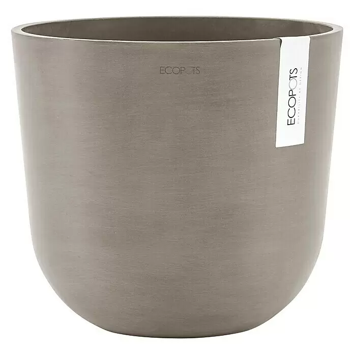 Ecopots Oslo Pflanztopf - Außenmaß (Ø x H): 25 x 21,8 cm, Kunststoff, Braungrau - Grauer, runder Pflanztopf mit matter Oberfläche und 'ECOPOTS'-Etikett.