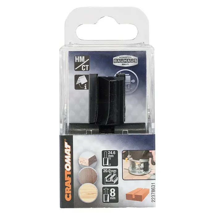 Craftomat Fresa de ranurado - Anchura de ranura: 20 mm, Diámetro vástago: 8 mm - Embalaje de una fresa de contornear CRAFTOMAT con rodamiento de bolas, con un diámetro de 24,6 mm, una longitud de trabajo de 20 mm y un diámetro de vástago de 8 mm para madera.
