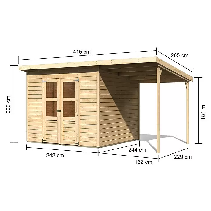 Karibu Gartenhaus Merseburg 6 - Außenmaß inkl. Dachüberstand (B x T): 415 x 265 cm, Holz, Natur, Mit Seitendach - Heller Holz-Gartenschuppen mit Doppeltüren und angebautem Carport. Maße: 415 cm lang, 265 cm tief, 220 cm hoch am Schuppen, 181 cm am Carport.