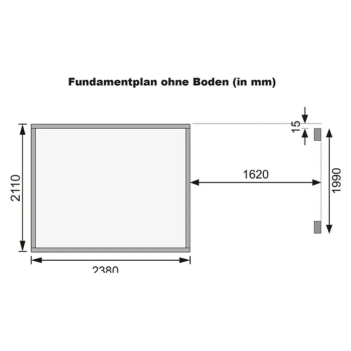 Karibu Gartenhaus Merseburg 5 - Außenmaß inkl. Dachüberstand (B x T): 415 x 236 cm, Holz, Natur, Mit Seitendach - Fundamentplan ohne Boden mit Abmessungen in Millimetern. Das Diagramm zeigt die Länge und Breite der Bodenplatte.