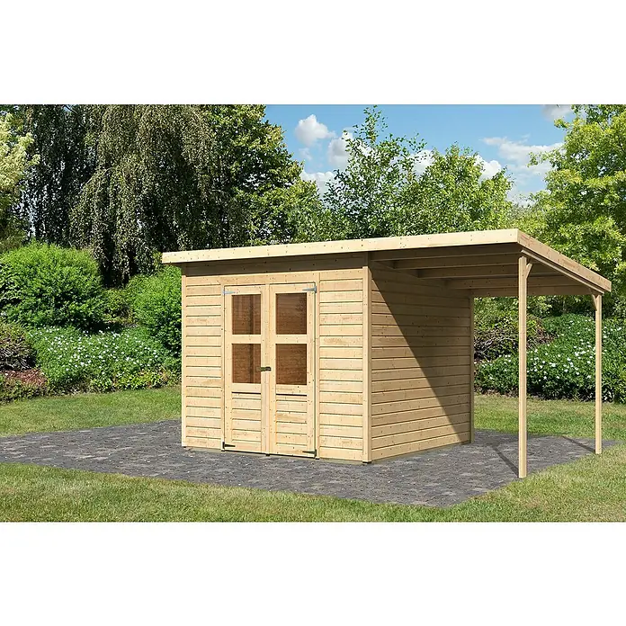 Karibu Gartenhaus Merseburg 6 - Außenmaß inkl. Dachüberstand (B x T): 415 x 265 cm, Holz, Natur, Mit Seitendach - Bild eines hölzernen Gerätehauses mit Doppeltür und überdachtem Bereich, ideal für die Gartenaufbewahrung und als Unterstand.