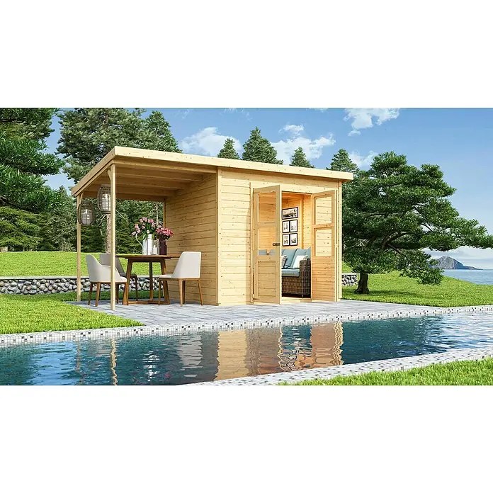 Karibu Gartenhaus Merseburg 5 - Außenmaß inkl. Dachüberstand (B x T): 415 x 236 cm, Holz, Natur, Mit Seitendach - Einladender Holzgartenpavillon mit offenem Essbereich und gemütlichem Innenraum am Pool. Perfekt für entspannte Stunden im Freien.