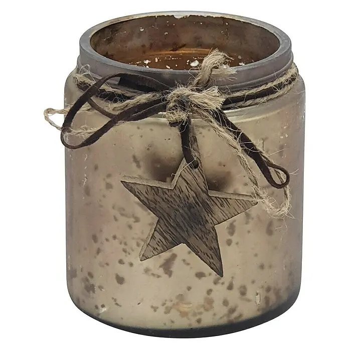 Windlicht Fenjol - Ø x H: 9 x 11 cm, Gold - Dekorative Kerze in einem verzierten Glas mit Sternanhänger und rustikaler Bindung, ideal für stimmungsvolle Beleuchtung.