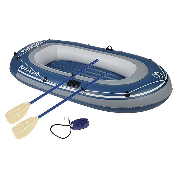 Talamex Schlauchboot Funline 240 - 240 x 140 cm, Geeignet für: 2 Personen, Nutzlast: 165 kg - Hier ist ein aufblasbares Funline 240 Schlauchboot mit Paddeln und einer Pumpe, ideal für Wassersport und Freizeit.
