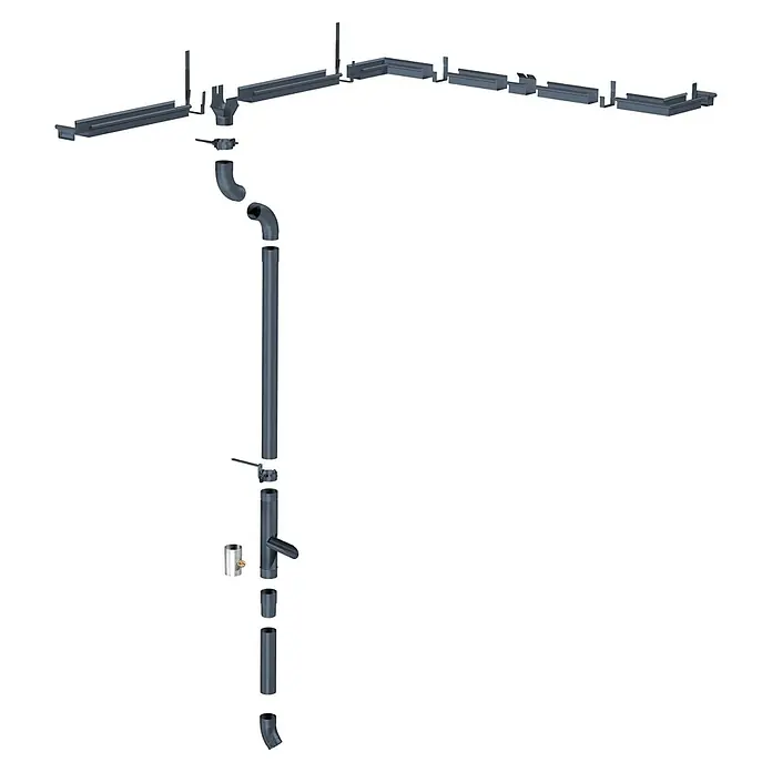 Sarei Rinnenendstück - Nennweite: 70 mm, Aluminium, Anthrazit, Links & Rechts - Detaillierte Ansicht eines Dachrinnensystems mit Regenrohren und Zubehör für die Installation, ideal für Hausbesitzer.