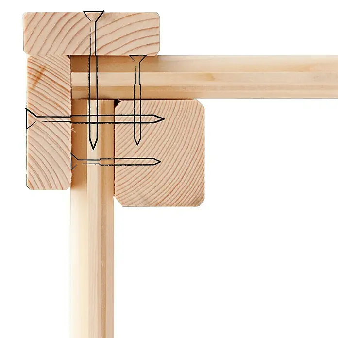Karibu Gartenhaus Glücksburg - Außenmaß inkl. Dachüberstand (B x T): 267 x 236 cm, Holz, Terragrau, Grundfläche: 5,07 m² - Nahaufnahme eines hölzernen Keilrahmens, der mit Nägeln zusammengehalten wird. Die Holzstruktur ist deutlich sichtbar.
