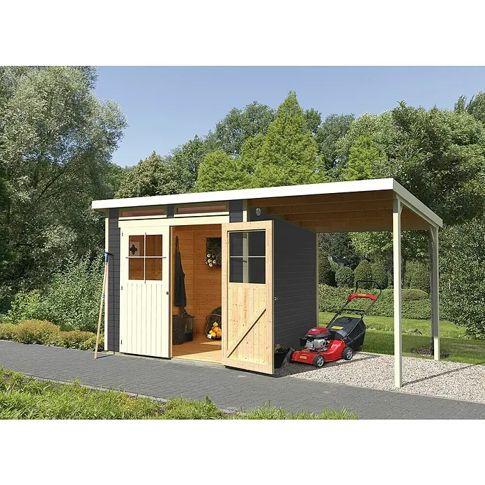 Karibu Gartenhaus Glücksburg - Außenmaß inkl. Dachüberstand (B x T): 439 x 236 cm, Holz, Terragrau, Grundfläche: 5,07 m² - Gartenschuppen mit offenem Unterstand zur Aufbewahrung von Gartengeräten und Gartenutensilien.