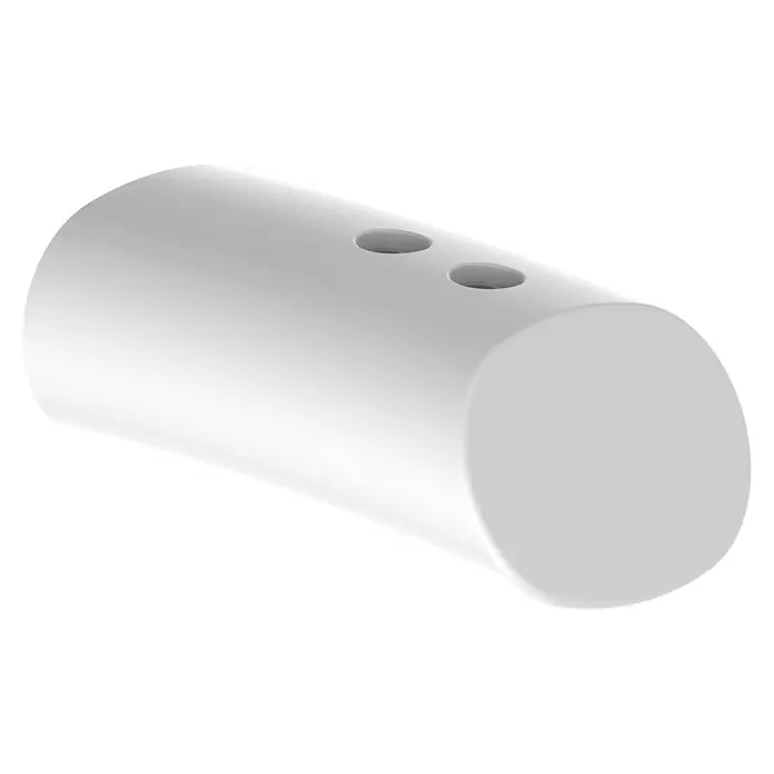 Düse - Selbstreinigend, Passend für: Camargue Wand-Dusch-WC-Set Moderno E-Clean - Nahaufnahme eines weißen, zylindrischen Salzstreuers mit zwei Löchern auf einem schwarzen Hintergrund.