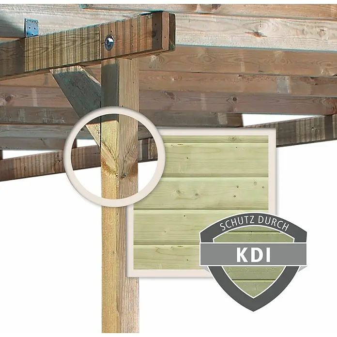Karibu Pavillon Perida Set - 485 x 345 cm, Schwarz, Natur - Nahaufnahme von behandeltem Holz mit dem KDI-Siegel, das langlebigen Schutz vor Witterungseinflüssen und Schädlingsbefall bietet.
