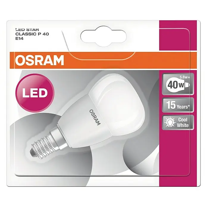 Osram LED-Lampe Tropfenform E14 matt - E14, Nicht Dimmbar, Kaltweiß, 470 lm, 5 W - Nahaufnahme einer OSRAM LED STAR CLASSIC P 40 E14 Lampe in ihrer Verpackung.