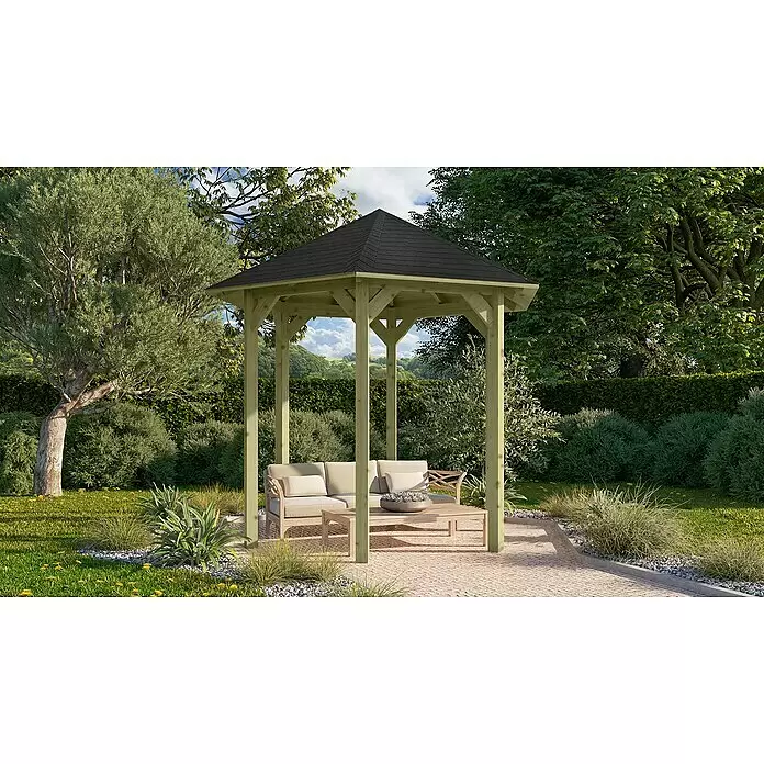 Karibu Pavillon Lissabon Set - Durchmesser: 299 cm, Schwarz, Natur - Hellgrüner Holzpavillon mit dunklem Dach, beherbergt Sitzgelegenheiten in einem grünen Garten.