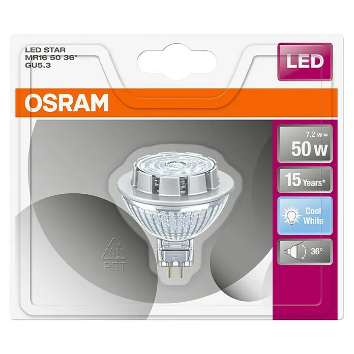 Osram LED-Lampe Pin GU5,3 MR16 - GU5,3, Nicht Dimmbar, Kaltweiß, 621 lm, 7,2 W - Nahaufnahme einer Osram LED STAR MR16 50 36° GU5.3 Lampe in ihrer Verpackung.
