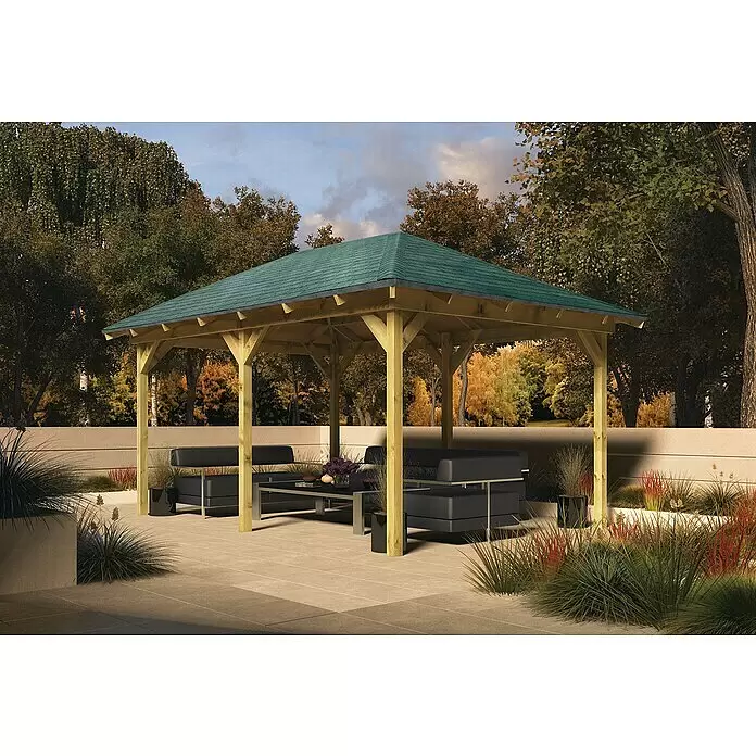 Karibu Pavillon Perida - 485 x 345 cm, Natur - Gartenpavillon aus Holz mit grünem Dach, schützt Gartenmöbel auf der Terrasse. Perfekt für Entspannung im Freien.