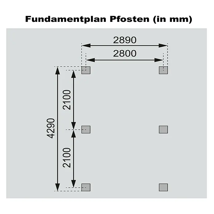 Karibu Pavillon Perida - 485 x 345 cm, Natur - Fundamentplan Pfosten mit den Maßen 2890 x 4290 mm und 2800 x 2100 mm, übersichtlich und informativ für die Planung Ihres Projekts.