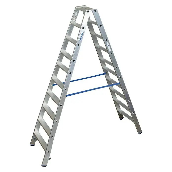 Krause Stabilo Doppelleiter - Anzahl Tritte: 20 Stk., Arbeitshöhe: 3,9 m, Aluminium - Freistehende Krause Leiter aus Aluminium mit blauen Sicherheitsstreben, ideal für Arbeiten in verschiedenen Höhen im Innen- und Außenbereich.