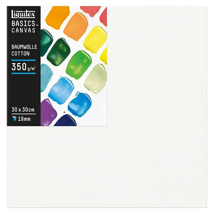 Liquitex Basics Keilrahmen Canvas - 30 x 30 x 1,9 cm, Baumwolle, 3-fach grundiert - Detailaufnahme einer Liquitex Basics Leinwand mit einer Größe von 30x30 cm und einer Grammatur von 350 g/m².