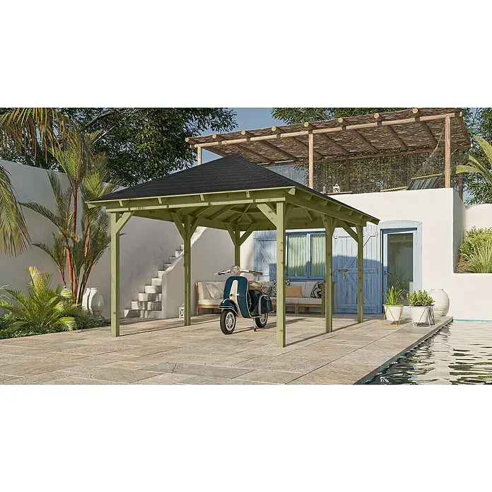 Karibu Pavillon Perida Set - 485 x 345 cm, Schwarz, Natur - Dieses Bild zeigt eine charmante grüne Holzpergola, die einen Roller beschattet, mit einem Pool und einer entspannenden Lounge im Hintergrund.