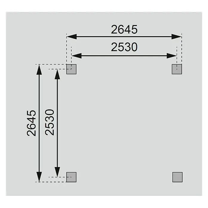 Karibu Pavillon Bergen 1 - 338 x 338 cm, Schiefergrau, Natur - Schematische Darstellung eines Produkts mit Maßangaben. Die Abmessungen betragen 2645 x 2645 und 2530 x 2530.