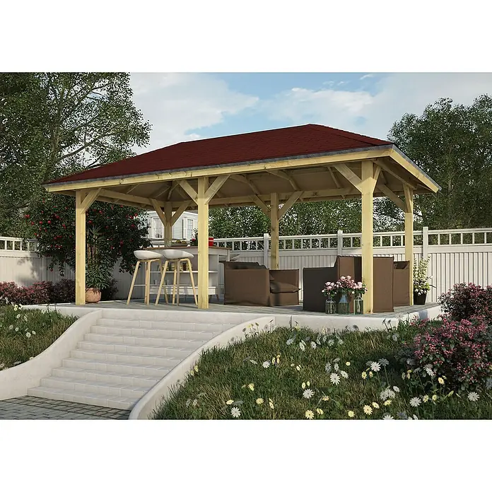Karibu Pavillon Bergen 2 - 592 x 338 cm, Schiefergrau, Natur - Einladende Gartenlaube mit roten Dachziegeln, die zum Verweilen im Freien einlädt und entspannte Stunden im Garten verspricht.