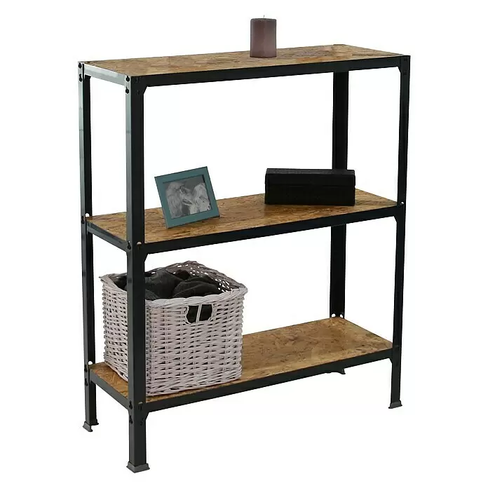 Simonrack Simonhome Metallregal Click Wood Mini - H x B x T: 90 x 80 x 30 cm, Traglast pro Boden: 150 kg, Anzahl Böden: 3 Stk., Stecken, Anthrazit/Braun - Dreistöckiges Regal mit schwarzem Metallrahmen und hellen Holzablagen, auf dem eine Kerze, ein Foto, eine Box und ein Korb stehen.