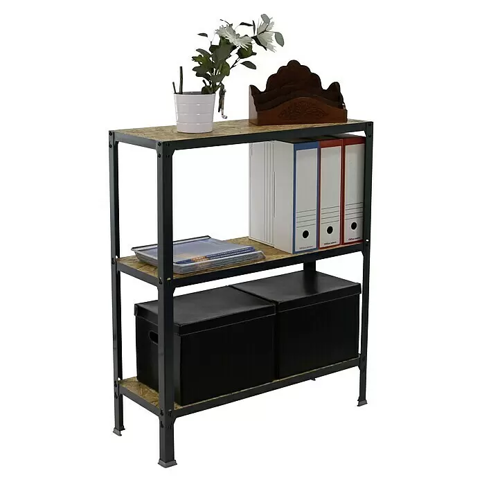 Simonrack Simonhome Metallregal Click Wood Mini - H x B x T: 90 x 80 x 30 cm, Traglast pro Boden: 150 kg, Anzahl Böden: 3 Stk., Stecken, Anthrazit/Braun - Schwarzes Metallregal mit drei Holzablagen, bestückt mit Büroordnern, Dokumenten, Aufbewahrungsboxen, einer Topfpflanze und einem hölzernen Briefhalter.