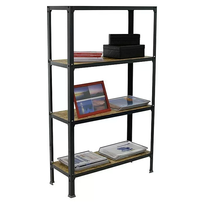 Simonrack Simonhome Metallregal Click Wood Mini - H x B x T: 160 x 80 x 30 cm, Traglast pro Boden: 150 kg, Anzahl Böden: 4 Stk., Stecken, Anthrazit/Braun - Ein schwarzes Metallregal mit vier hellbraunen Holzablagen. Es enthält Bücher, Dekoboxen und Bilderrahmen.
