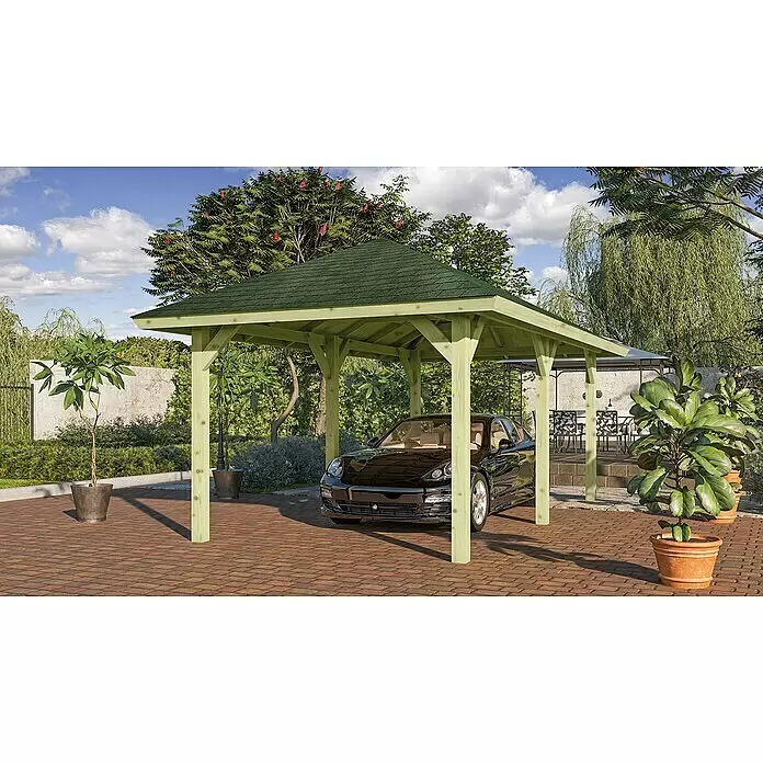 Karibu Pavillon Bergen 2 - 592 x 338 cm, Grün, Natur - Hellgrüner Holzcarport mit dunkelgrünem Schindeldach, schützt ein schwarzes Auto auf einer Ziegelauffahrt.