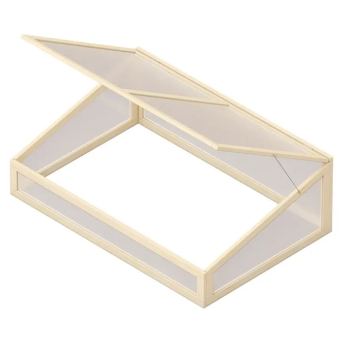 Frühbeet-Aufsatz - Passend für: Palettenrahmen Hochbeete - Nahaufnahme eines Holz-Frühbeets mit transparentem Deckel, ideal für den Anbau von Pflanzen. Das Frühbeet bietet Schutz und Wärme.