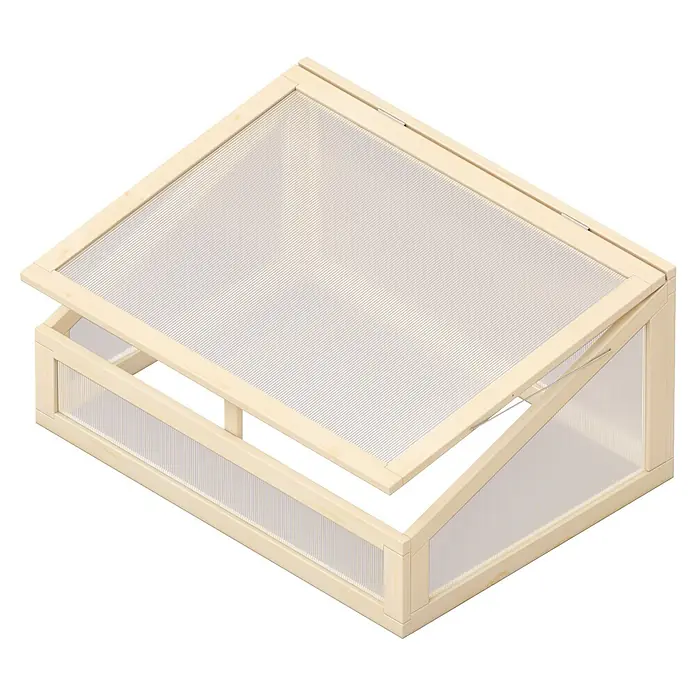 Frühbeet-Aufsatz - Passend für: Palettenrahmen Hochbeete 80 x 60 cm - Nahaufnahme eines Frühbeets aus Holz mit einer transparenten Abdeckung, die teilweise geöffnet ist, ideal für den Garten.