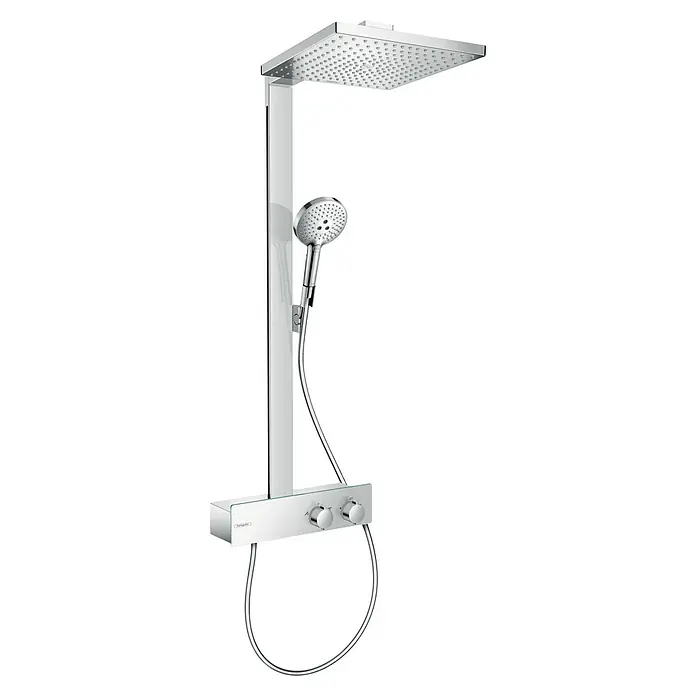 Hansgrohe Duschsystem Raindance E Showerpipe 300 - Mit Thermostatarmatur, Lochabstand: 106,6 cm, Anzahl Strahlarten: 3 Stk., Chrom - Duschsystem von Hansgrohe mit Kopf- und Handbrause. Elegantes Design für ein luxuriöses Duscherlebnis.