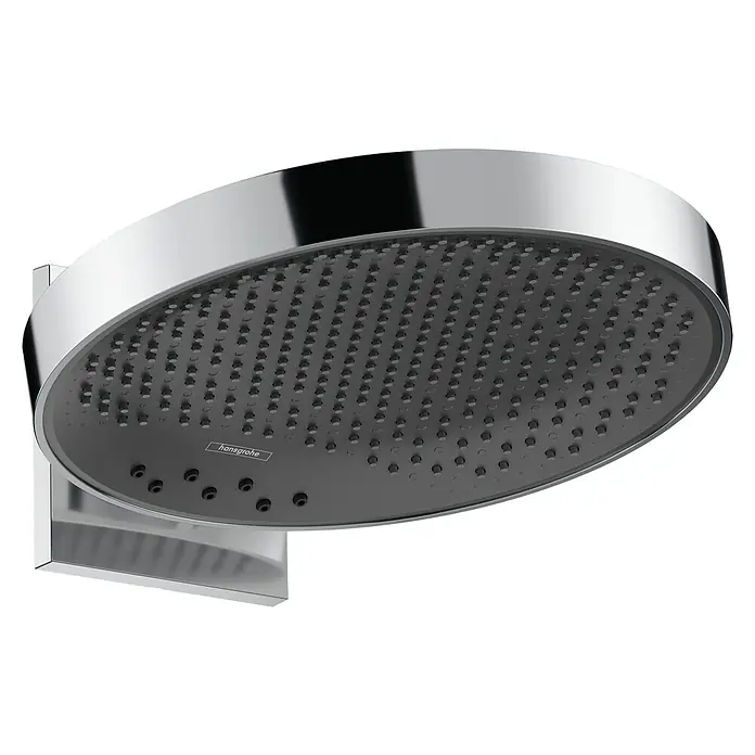 Hansgrohe Rainfinity Kopfbrausen-Set 360 - Durchmesser: 36 cm, 28,1 l/min, Wandmontage, Chrom/Graphit - Nahaufnahme eines stilvollen, runden Duschkopfs von Hansgrohe mit Chromoberfläche und grauen Düsen. Ein elegantes Detail für moderne Badezimmer.