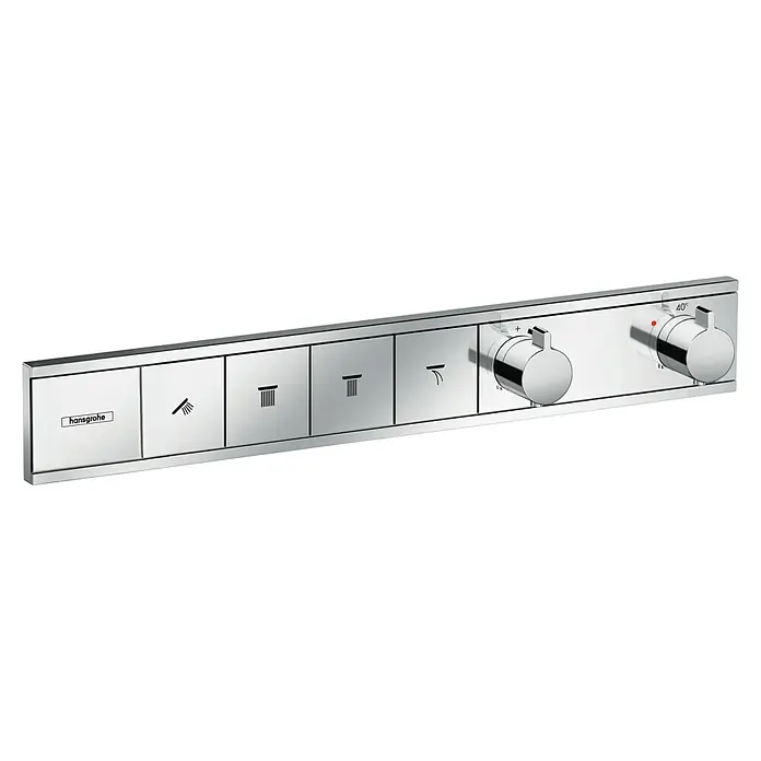 Hansgrohe UP-Thermostatarmatur RainSelect - Eckig, Chrom, Glänzend, Anzahl Absperrventile: 4 Stk. - Helles Bild einer Hansgrohe Duschsteuerung mit mehreren Knöpfen und zwei Drehreglern zur Steuerung von Dusche und Temperatur.