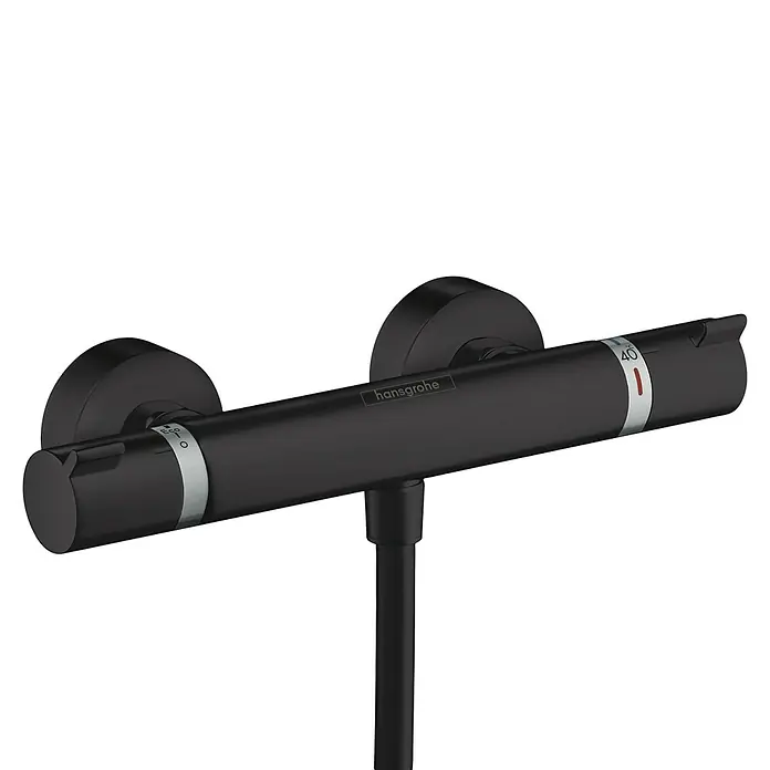 Hansgrohe Ecostat Brausethermostat Comfort - Schwarz, Matt - Nahaufnahme eines schwarzen Hansgrohe Duschthermostats mit Temperaturanzeige.